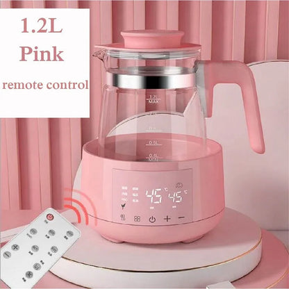 A pink 1.2L electric kettle with a remote control on a pink background.