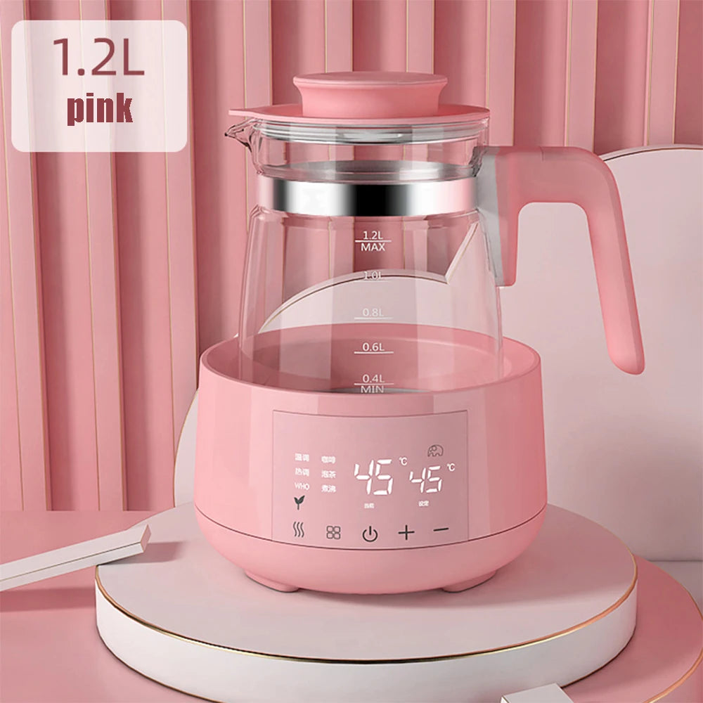 A modern 1.2L pink electric tea kettle with a digital temperature display, placed on a kitchen counter.