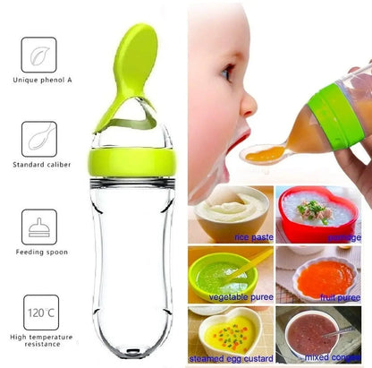 Collage showcasing a baby feeding bottle with spoon attachment and various baby food purees.