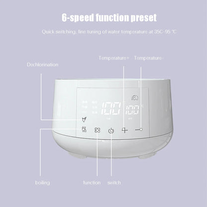 Digital display of a water heater with temperature control and dechlorination function.