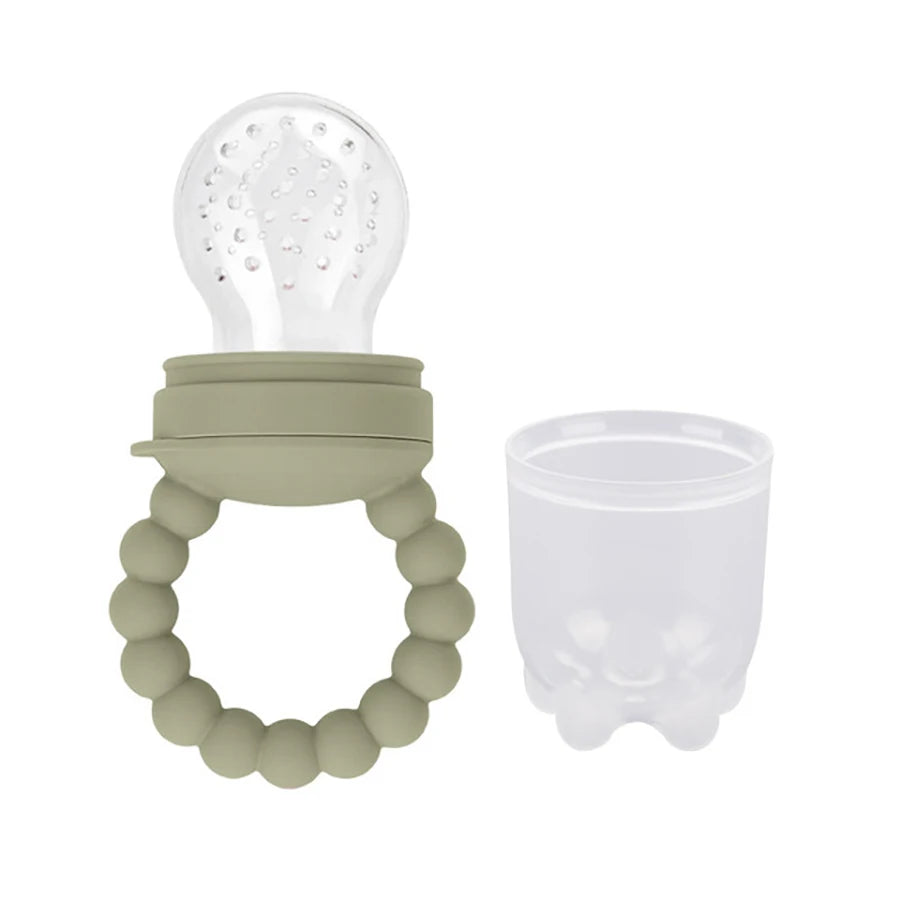 Baby teething toy resembling a light bulb with a beaded ring and a transparent cup.