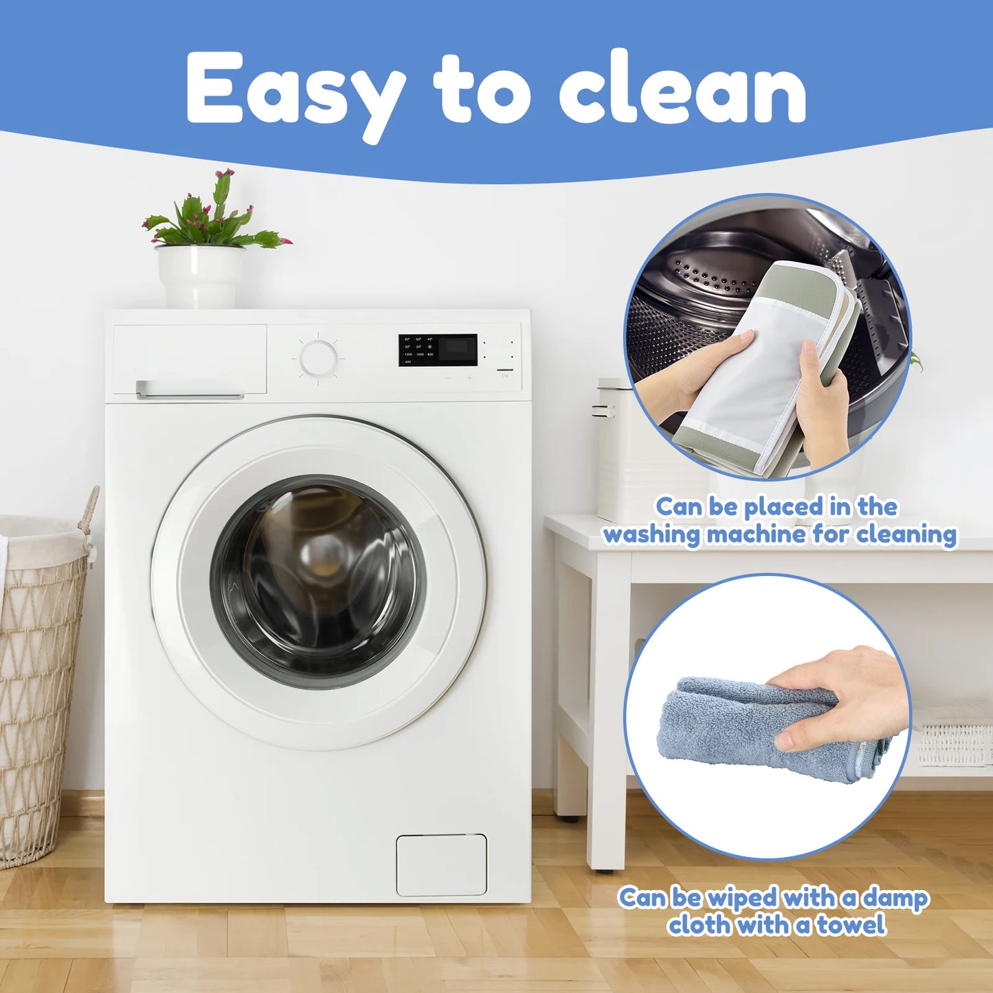 Ad for an easy-to-clean washing machine, showing hand wiping interior and exterior with cloth.