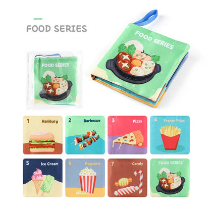 Educational children's book and cards with colorful food illustrations: hamburger, barbecue, pizza, fries, ice cream, popcorn, candy.