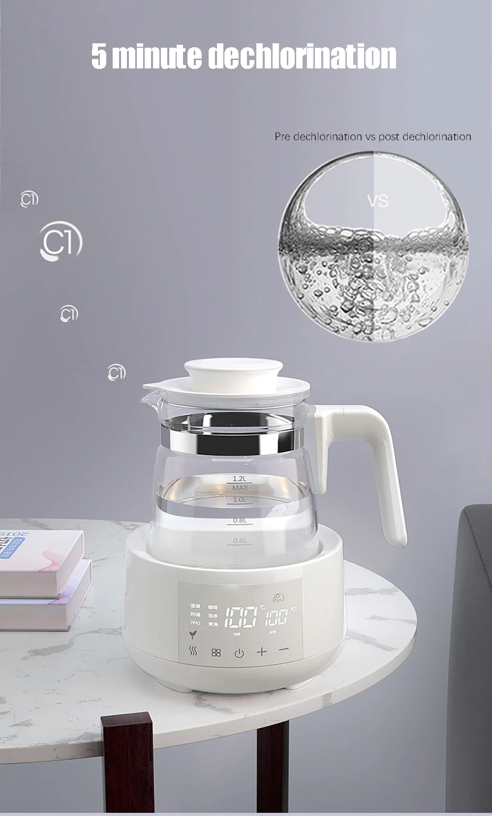 A water filter pitcher on a table highlighting a 5-minute dechlorination process with a before and after comparison of water clarity.