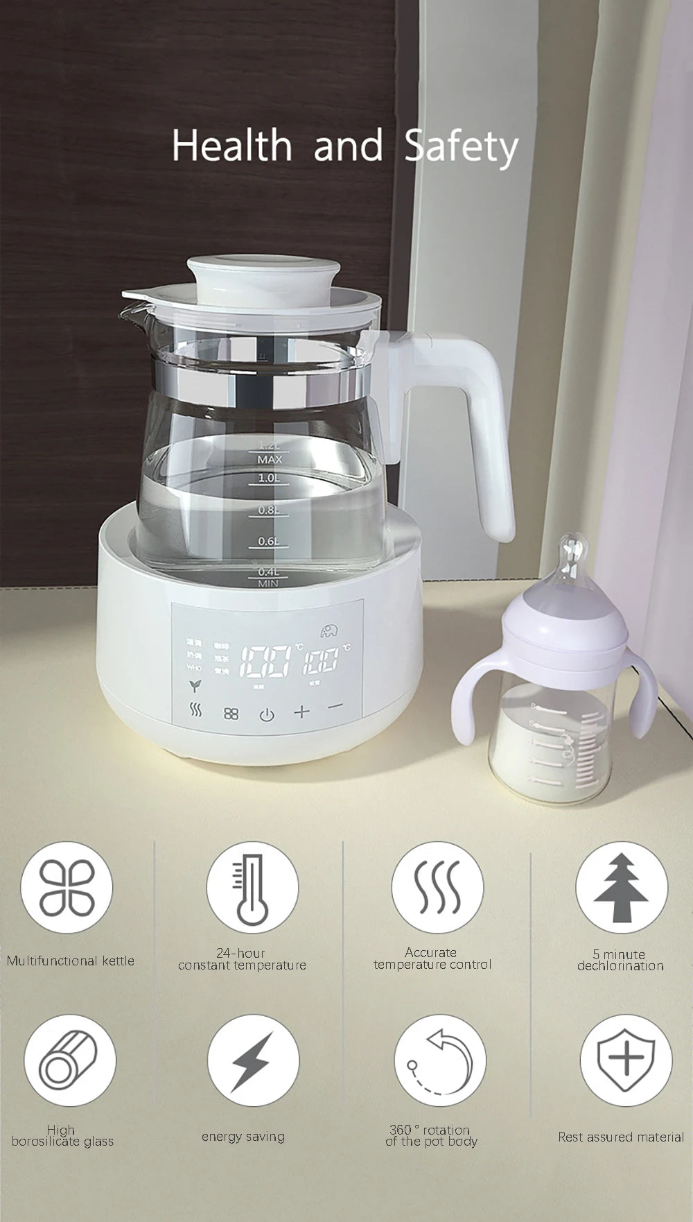 Electric kettle with temperature display and a baby bottle on a table, with icons highlighting features.