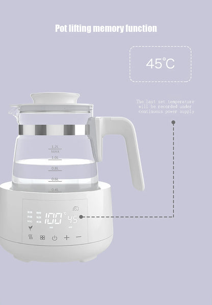Electric teapot with digital display and memory function for temperature on a purple background.