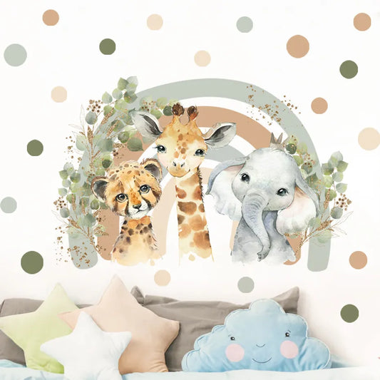 Nursery Wall Sticker With Animals Giraffe, Elephant, And Leopard and Rainbow And Plants Background Design With Polka Dots In A White Background