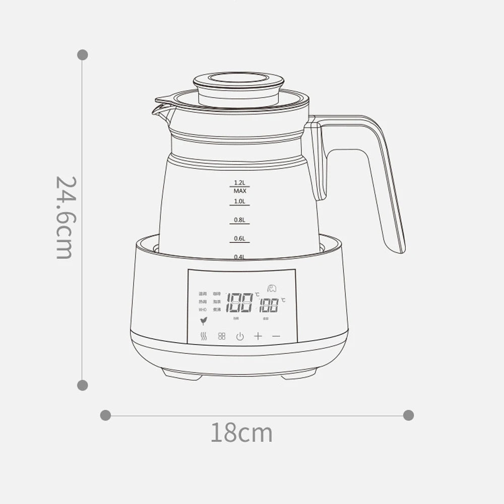Line drawing of an electric kettle with dimensions, 24.6cm high and 18cm wide.