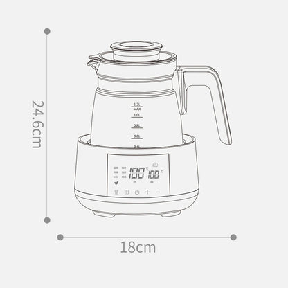 Line drawing of an electric kettle with dimensions, 24.6cm high and 18cm wide.