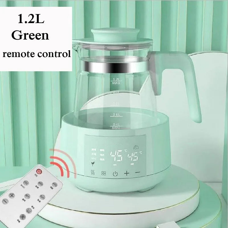 Electric green 1.2L kettle with digital display and remote control on a matching tray.