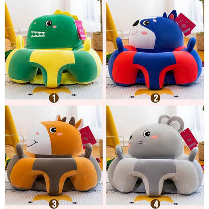 Collage Photo Of Four Baby Sofa Plush Chair Cover With Dinosaur, Dog, Giraffe, and Mouse Design In A Living Room Background