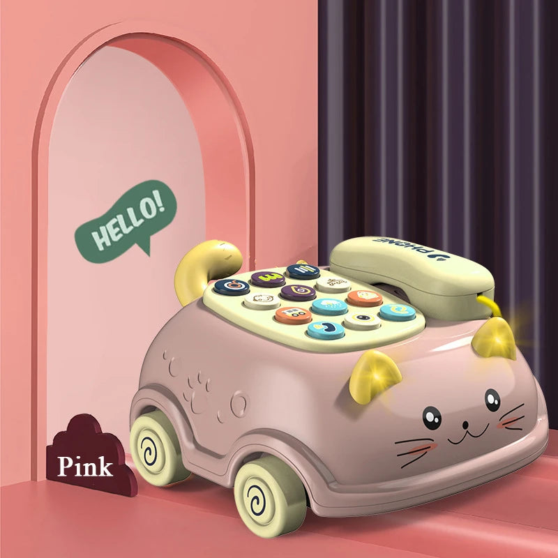 A whimsical cartoon-like cat-shaped telephone with colorful buttons and speech bubble saying HELLO!