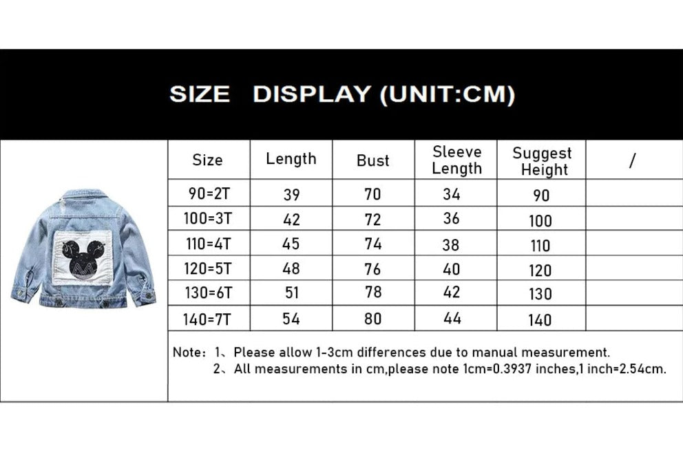 Mickey Mouse Toddler Denim Jacket Size Chart